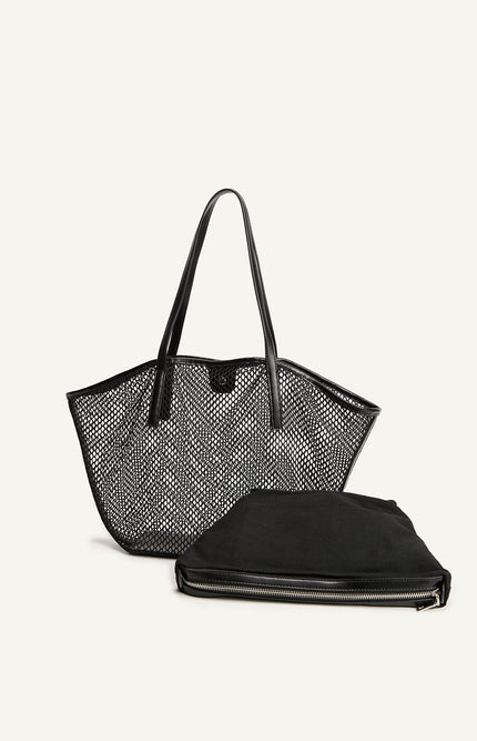 Netted Tote Bag with Pouch - Black
